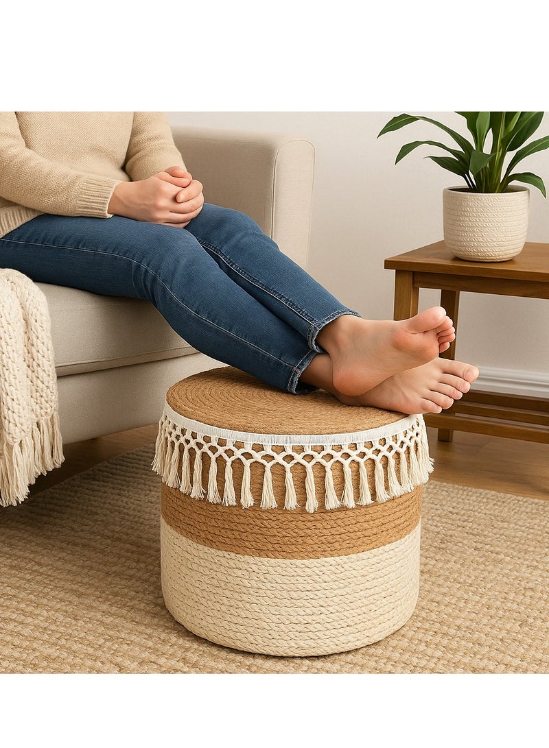Generic Sarute Handcrafted Jute Ottoman Pouffe – 40x40x40 cm, Eco-Friendly Cotton-Filled Footstool, Versatile Seating for Living Room, Bedroom, Office, and Outdoor Spaces – Neutral White-Beige Color  - Image 4