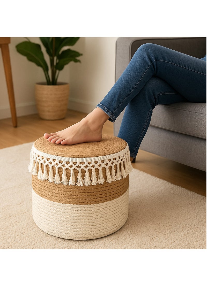 Generic Sarute Handcrafted Jute Ottoman Pouffe – 40x40x40 cm, Eco-Friendly Cotton-Filled Footstool, Versatile Seating for Living Room, Bedroom, Office, and Outdoor Spaces – Neutral White-Beige Color  - Image 5