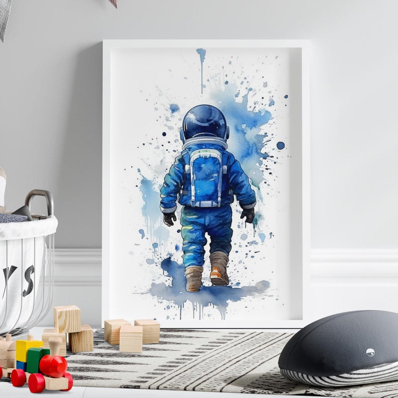 TNESSENTIAL Blue Nursery Decor Space Boy Canvas Or Print, Nursery Wall Art Space, Watercolor Space Nursery Prints, Astronaut Print, Outer Space Print - Image 1