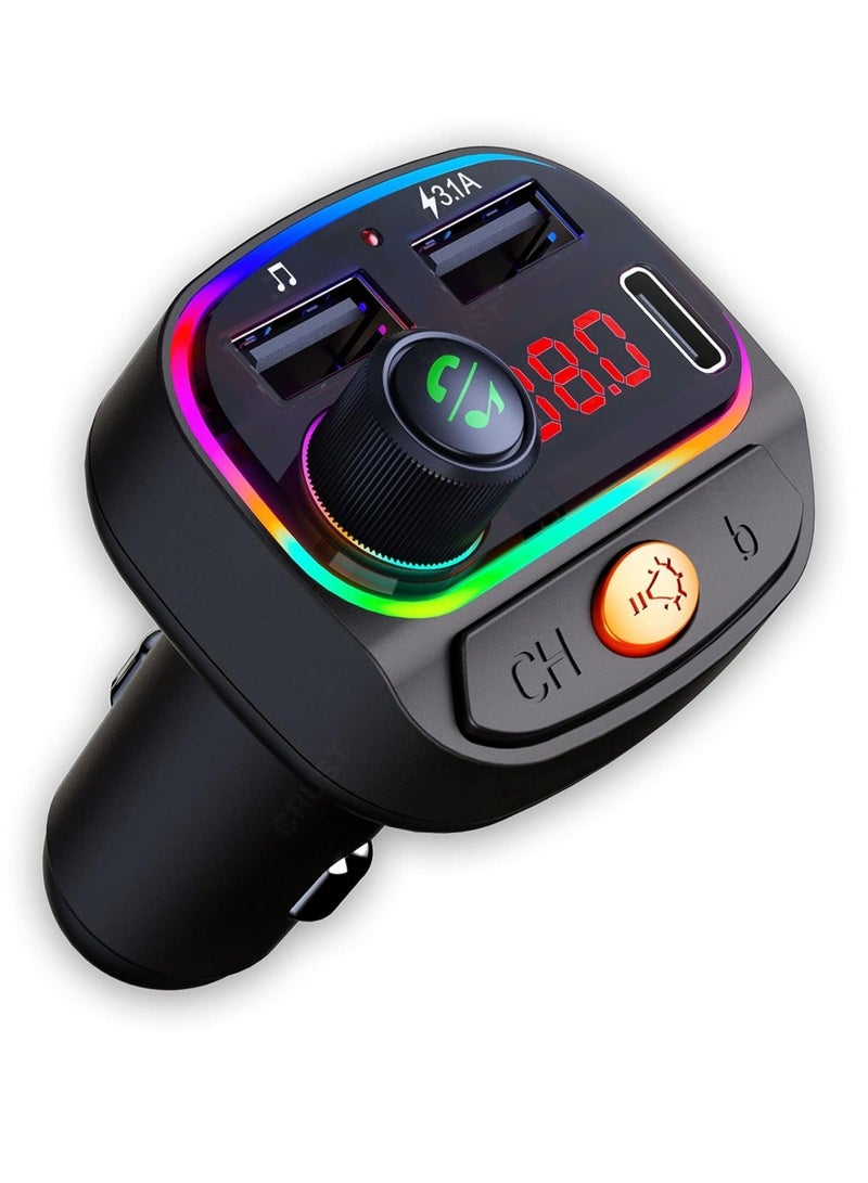 Upgraded Car Bluetooth Device [BT v5.3] with Call Receiver, FM Transmitter, Dual USB + Type C Charger, 7 Colour LED Lights, 6 EQ Presets, USB MP3 Support, Voice Assistant