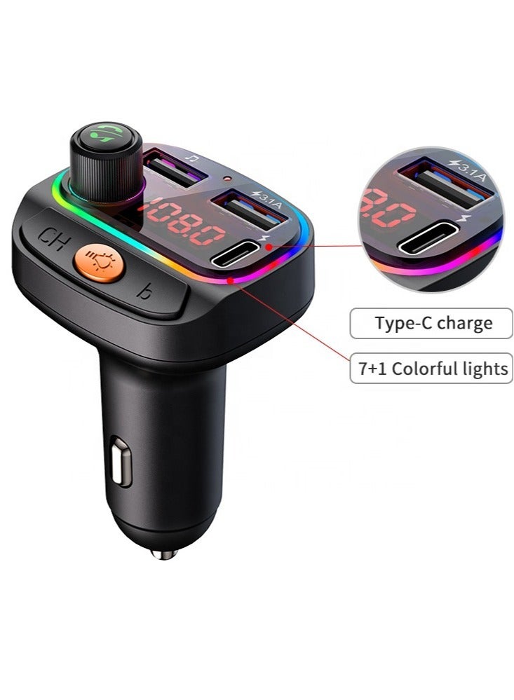 Upgraded Car Bluetooth Device [BT v5.3] with Call Receiver, FM Transmitter, Dual USB + Type C Charger, 7 Colour LED Lights, 6 EQ Presets, USB MP3 Support, Voice Assistant