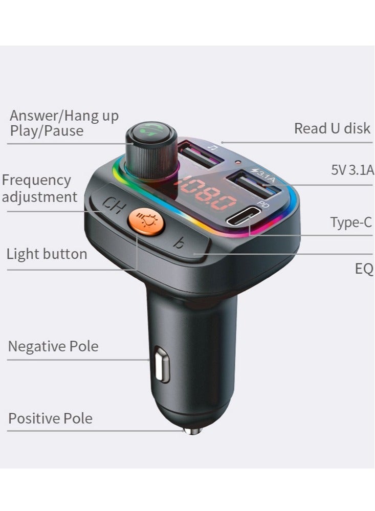 Upgraded Car Bluetooth Device [BT v5.3] with Call Receiver, FM Transmitter, Dual USB + Type C Charger, 7 Colour LED Lights, 6 EQ Presets, USB MP3 Support, Voice Assistant