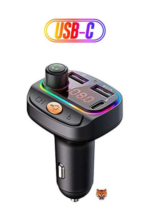 Upgraded Car Bluetooth Device [BT v5.3] with Call Receiver, FM Transmitter, Dual USB + Type C Charger, 7 Colour LED Lights, 6 EQ Presets, USB MP3 Support, Voice Assistant