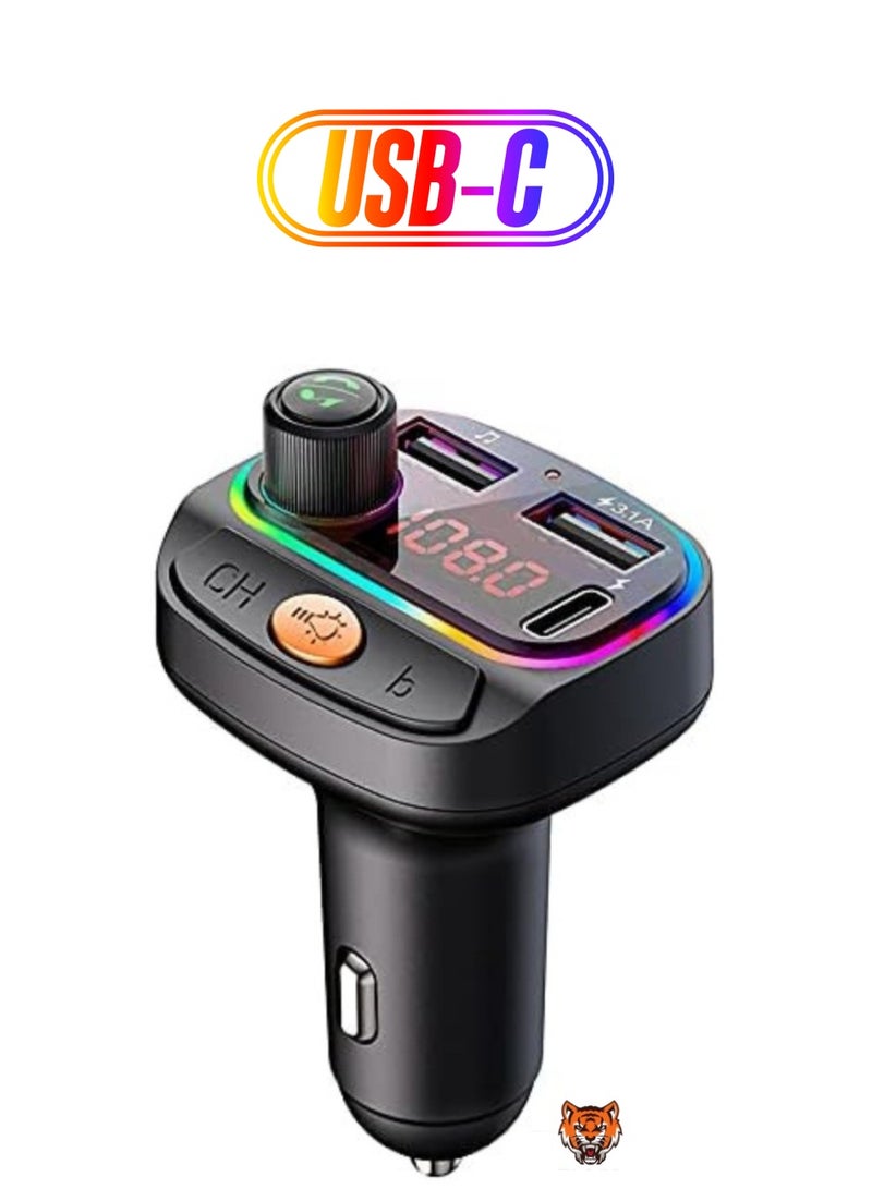 Upgraded Car Bluetooth Device [BT v5.3] with Call Receiver, FM Transmitter, Dual USB + Type C Charger, 7 Colour LED Lights, 6 EQ Presets, USB MP3 Support, Voice Assistant