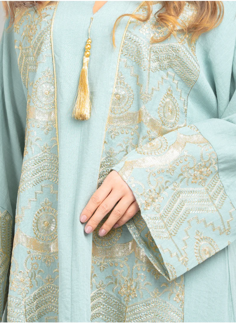 IKKXA Jalabiya with Long Sleeves and Embroidered Detail CJ1041 Blue