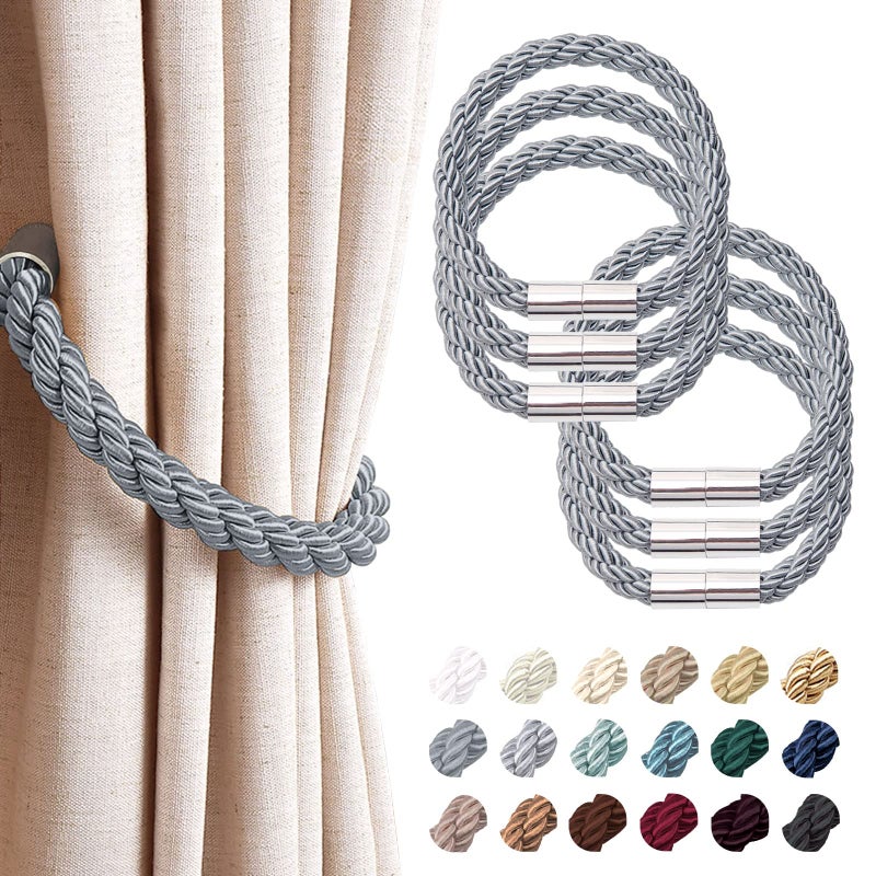 NICEEC 6 Pack Strong Magnetic Curtain Tiebacks Modern Simple Style Drape Tie Backs Convenient Decorative Weave Rope Curtain Holdbacks for Thin or Thick Home  Office Window Draperies Dark Grey