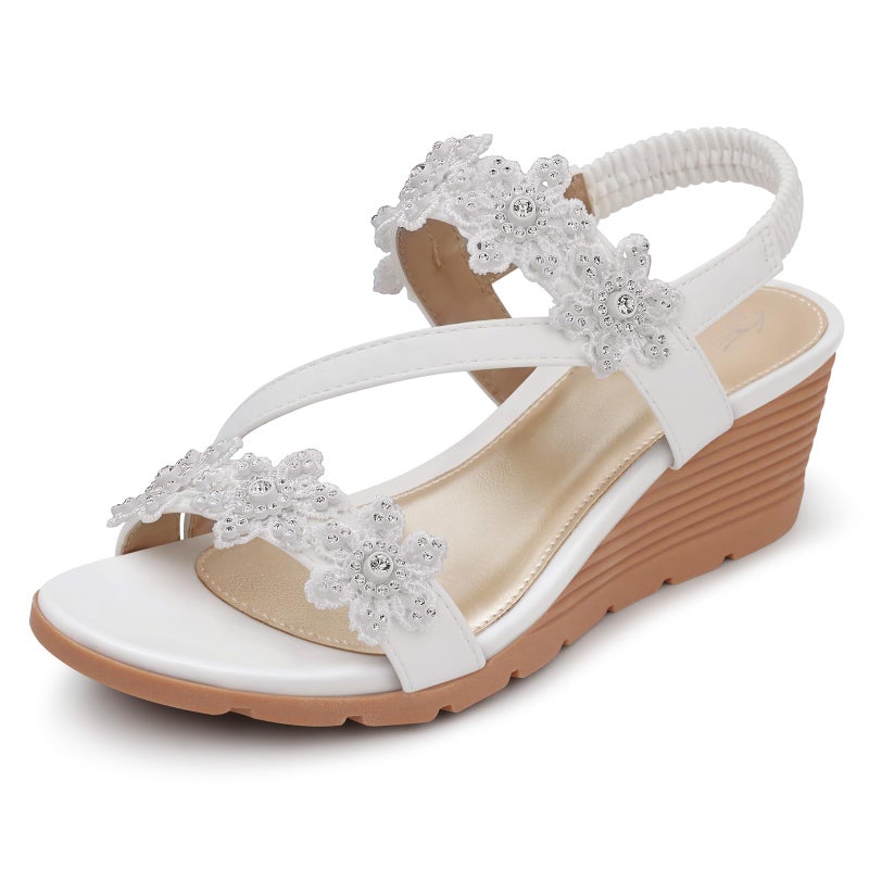 SHIBEVER Wedge Sandals for Women Dressy Summer White Open Toe Low Platform Wedges Sandals Flower Comfortable Casual Shoes Size 6