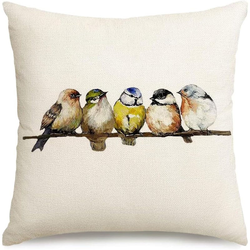 Hand Painted Watercolor Birds Square Pillow Case 18x18 Floral Decor - Image 1