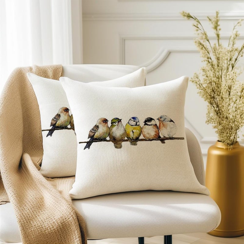 Hand Painted Watercolor Birds Square Pillow Case 18x18 Floral Decor - Image 4