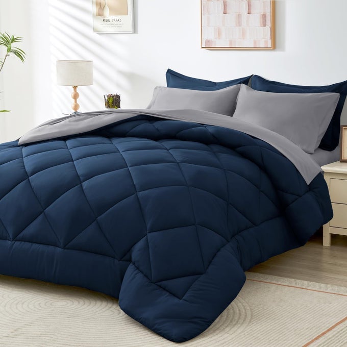 QUEEN COMFORTER SET 7PIECE ALL SEASON BED IN A BAG QUEEN ULTRA SOFT BEDDING SET WITH COMFORTER FLAT SHEET FITTED SHEET PILLOWCASES PILLOW SHAMS NAVY BLUE LIGHT GREY