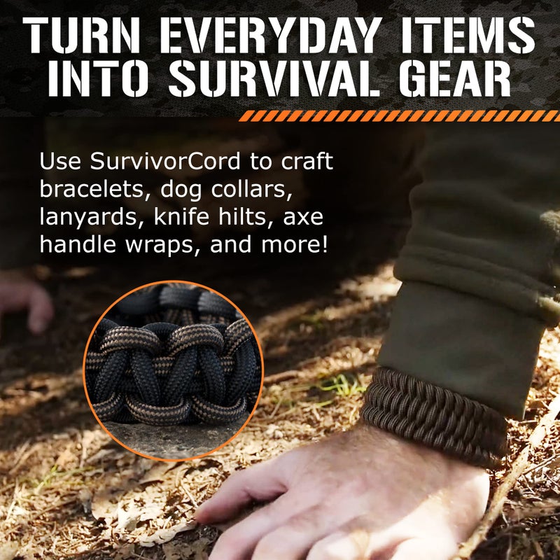 SurvivorCord TITAN Survival Patented Paracord 550 - 25ft, 100ft, 500ft & Color Options - 620LB Strength Survival Paracord Military Spec with 3 Strands - Heavy Duty Hank Cord for Camping & Outdoors with Firestarter - Image 4