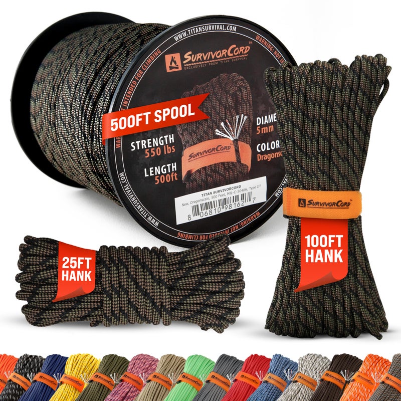 SurvivorCord TITAN Survival Patented Paracord 550 - 25ft, 100ft, 500ft & Color Options - 620LB Strength Survival Paracord Military Spec with 3 Strands - Heavy Duty Hank Cord for Camping & Outdoors with Firestarter - Image 1