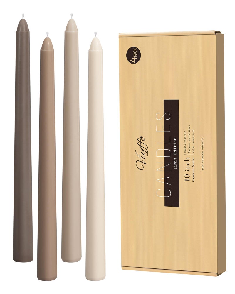 Viyffo Taper Candles 10 Inch Brown Set of 4 Unscented, Dripless, Smokeless Long Tall Tapered Candlesticks Wedding Advent Home Decor Dinner Christmas-Natural Color Series - Image 1