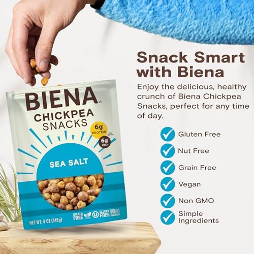 BIENA Chickpea Snacks - Crunchy Roasted Chickpeas - High Fiber Vegan Protein Snacks for Adults and Kids - 4-Pack, 5 Ounce Bags - Sea Salt - Image 4
