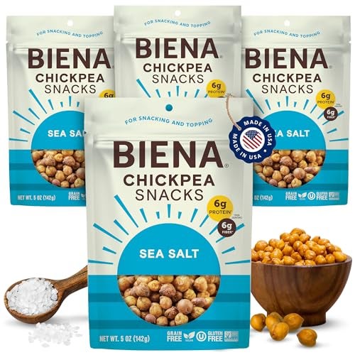 BIENA Chickpea Snacks - Crunchy Roasted Chickpeas - High Fiber Vegan Protein Snacks for Adults and Kids - 4-Pack, 5 Ounce Bags - Sea Salt - Image 1