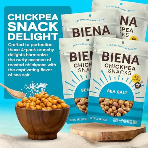 BIENA Chickpea Snacks - Crunchy Roasted Chickpeas - High Fiber Vegan Protein Snacks for Adults and Kids - 4-Pack, 5 Ounce Bags - Sea Salt - Image 2