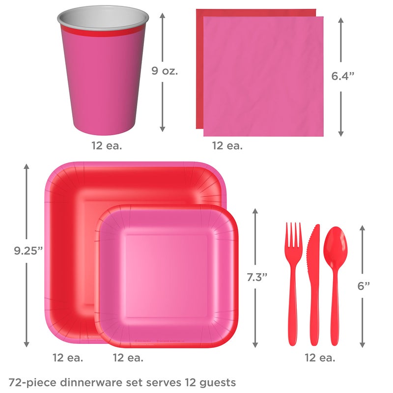 Hallmark Crayola Color Pop Red and Pink Party Supplies (12 Dinner Plates  12 Dessert Plates  12 Paper Cups  24 Napkins  12 Sets of Plastic Cutlery) for Birthdays  Valentine's Day  Bridal Showers - Image 3