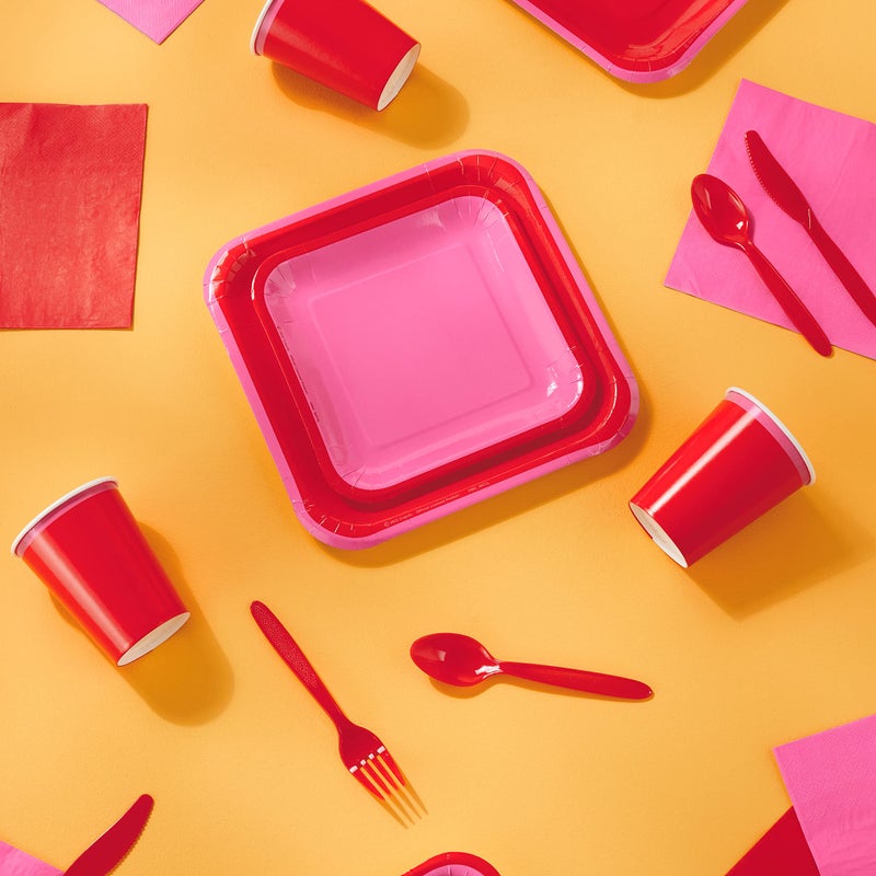 Hallmark Crayola Color Pop Red and Pink Party Supplies (12 Dinner Plates  12 Dessert Plates  12 Paper Cups  24 Napkins  12 Sets of Plastic Cutlery) for Birthdays  Valentine's Day  Bridal Showers - Image 2
