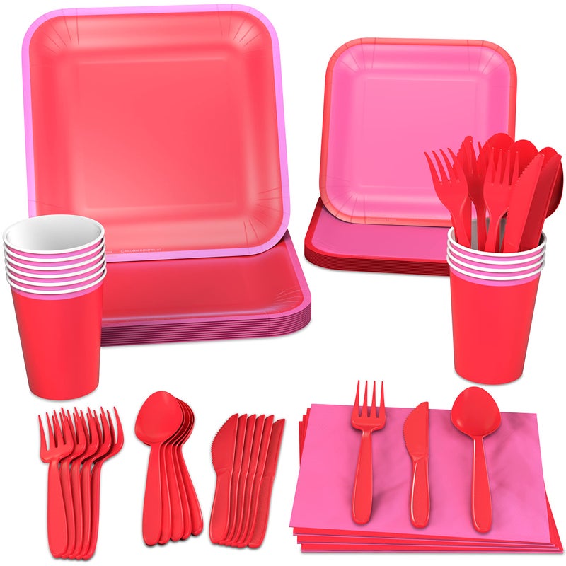 Hallmark Crayola Color Pop Red and Pink Party Supplies (12 Dinner Plates  12 Dessert Plates  12 Paper Cups  24 Napkins  12 Sets of Plastic Cutlery) for Birthdays  Valentine's Day  Bridal Showers - Image 1