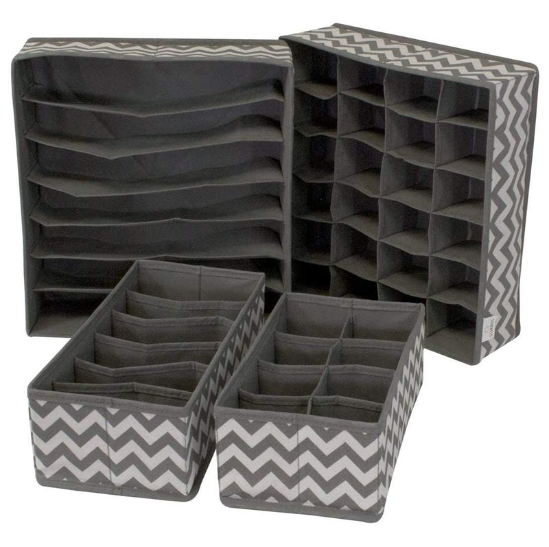 Niwlix Fabric Set Of 4 Foldable Wardrobe Drawer Organizers With Dividers Closet Storage Organiser For Socks Lingerie Tie Scarf Bra InnerwearNon Woven WaveGrey - Image 1