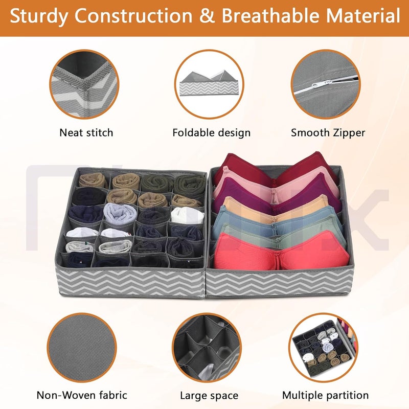 Niwlix Fabric Set Of 4 Foldable Wardrobe Drawer Organizers With Dividers Closet Storage Organiser For Socks Lingerie Tie Scarf Bra InnerwearNon Woven WaveGrey - Image 4