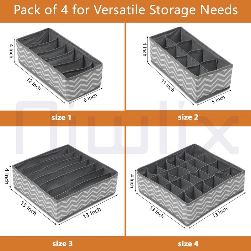 Niwlix Fabric Set Of 4 Foldable Wardrobe Drawer Organizers With Dividers Closet Storage Organiser For Socks Lingerie Tie Scarf Bra InnerwearNon Woven WaveGrey - Image 2