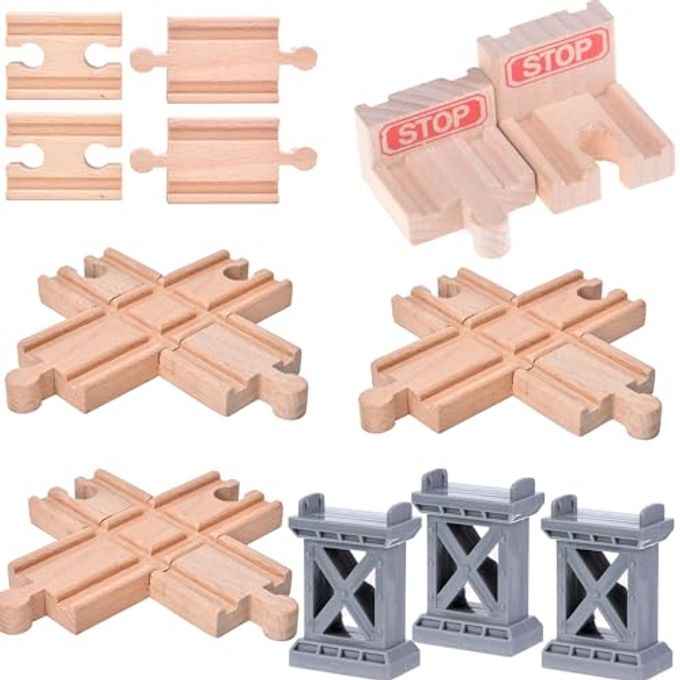 Ioffersuper 12 pcs Wooden Train Track Set, Male-Male Female-Female Bump Tracks, Bridge Pier Track(Random Colour),Cross Tracks and Stop Track Compatible with All Major Brands (Mix) - Image 1