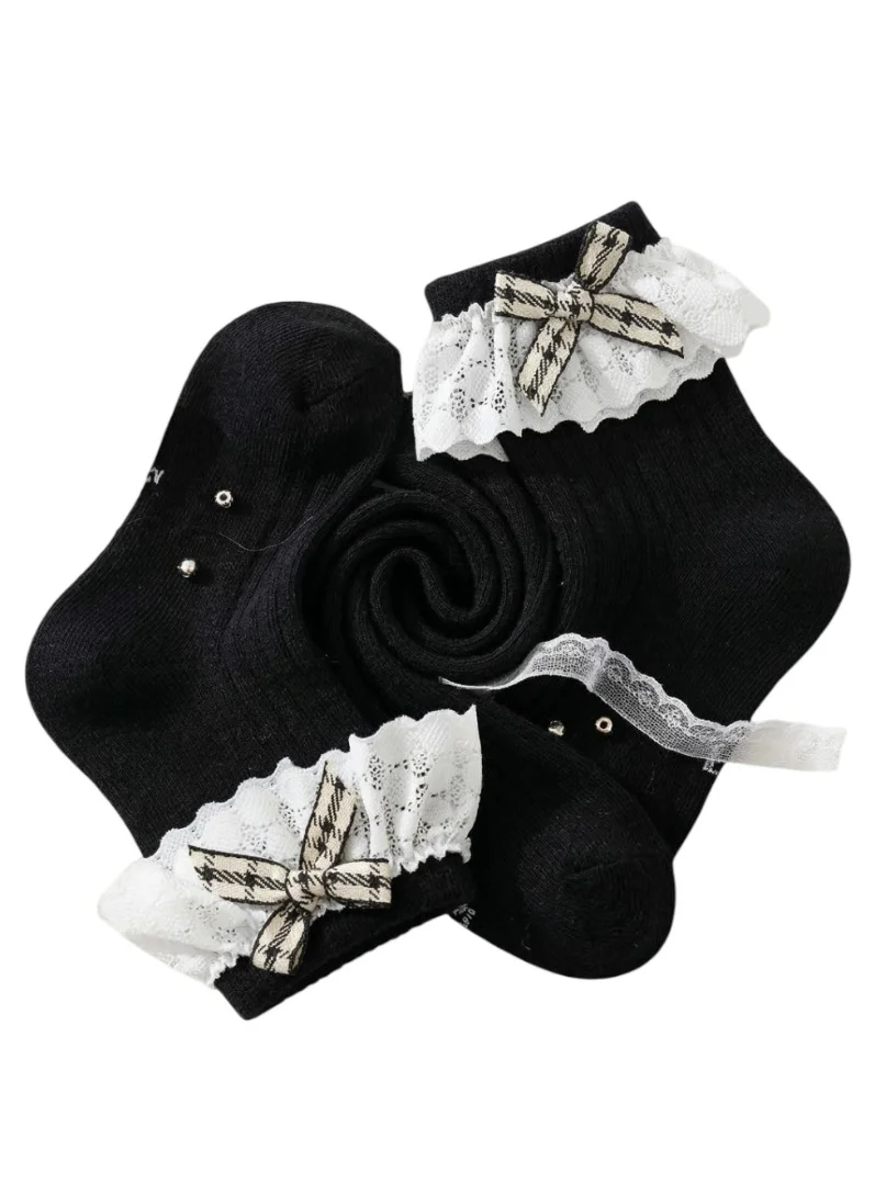 بيداني Classic Black Princess Socks with Floral Lace Trim