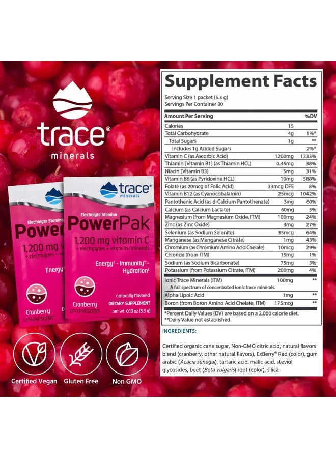 Trace Minerals Power Pak Electrolyte Powder Packets | 1200 mg Vitamin C, Zinc, Magnesium | Boost Immunity, Hydration and Natural Energy | Cranberry | 30 Packets - Image 4