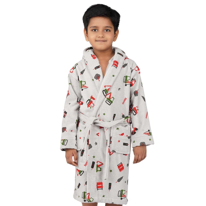 Rangoli Tractor-Theme 100% Cotton Kids Bathrobe, 400 GSM - Ultra-Soft Hooded Bathrobe for Boys and Girls, Grey, Size 7 to 8 Years - Image 1