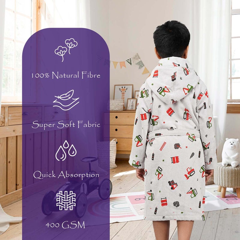 Rangoli Tractor-Theme 100% Cotton Kids Bathrobe, 400 GSM - Ultra-Soft Hooded Bathrobe for Boys and Girls, Grey, Size 7 to 8 Years - Image 2