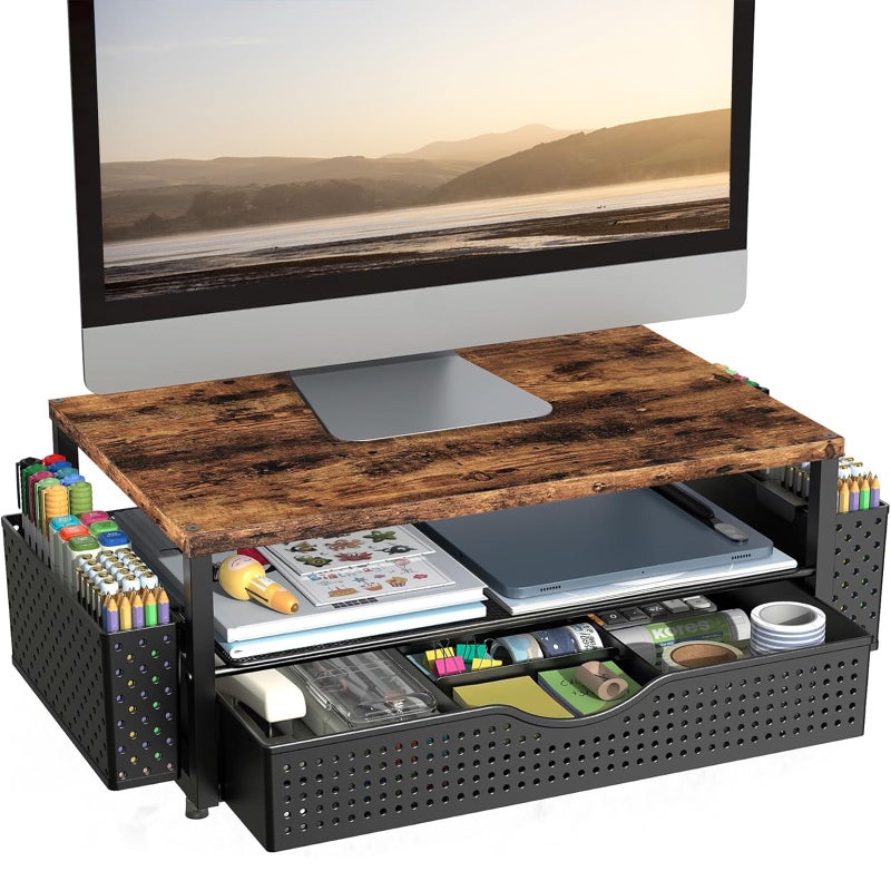 Spacrea Desk Organizer and Accessories, Computer Monitor Stand Riser with Drawer and 2 Pen Holders, Office Desk Accessories & Workspace Organizers for Office Supplies (Wood) - Image 1