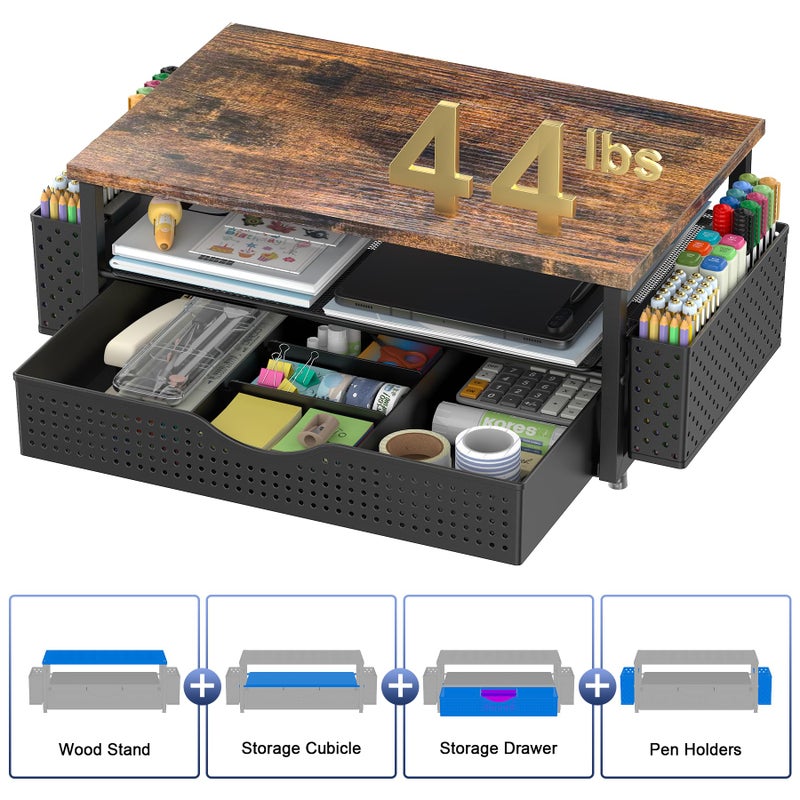 Spacrea Desk Organizer and Accessories, Computer Monitor Stand Riser with Drawer and 2 Pen Holders, Office Desk Accessories & Workspace Organizers for Office Supplies (Wood) - Image 4