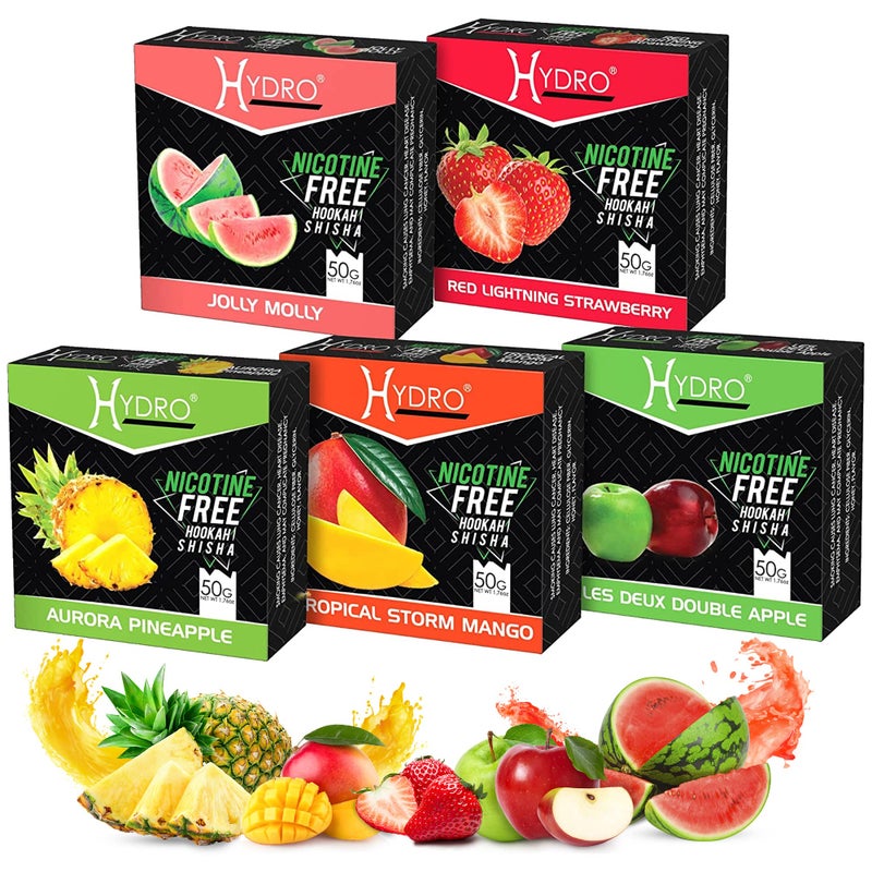 Hydro Hookah Flavors Bundle - Tobacco Free & Nicotine Free Shisha Double Apple, Strawberry, Mango, Watermelon and Pineapple Flavors - Natural, Long-Lasting, Smooth Taste, 50-Gram Packs (Pack of 5) - Image 1