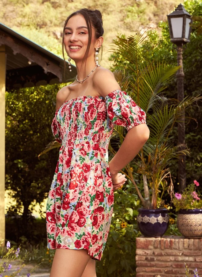 SASSAFRAS Floral Printed Off-Shoulder Playsuit for Women