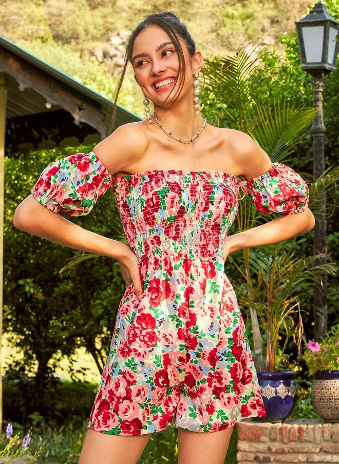 SASSAFRAS Floral Printed Off-Shoulder Playsuit for Women