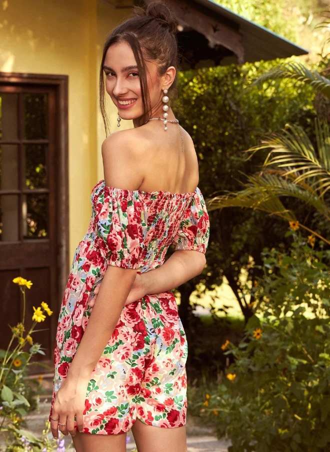 SASSAFRAS Floral Printed Off-Shoulder Playsuit for Women