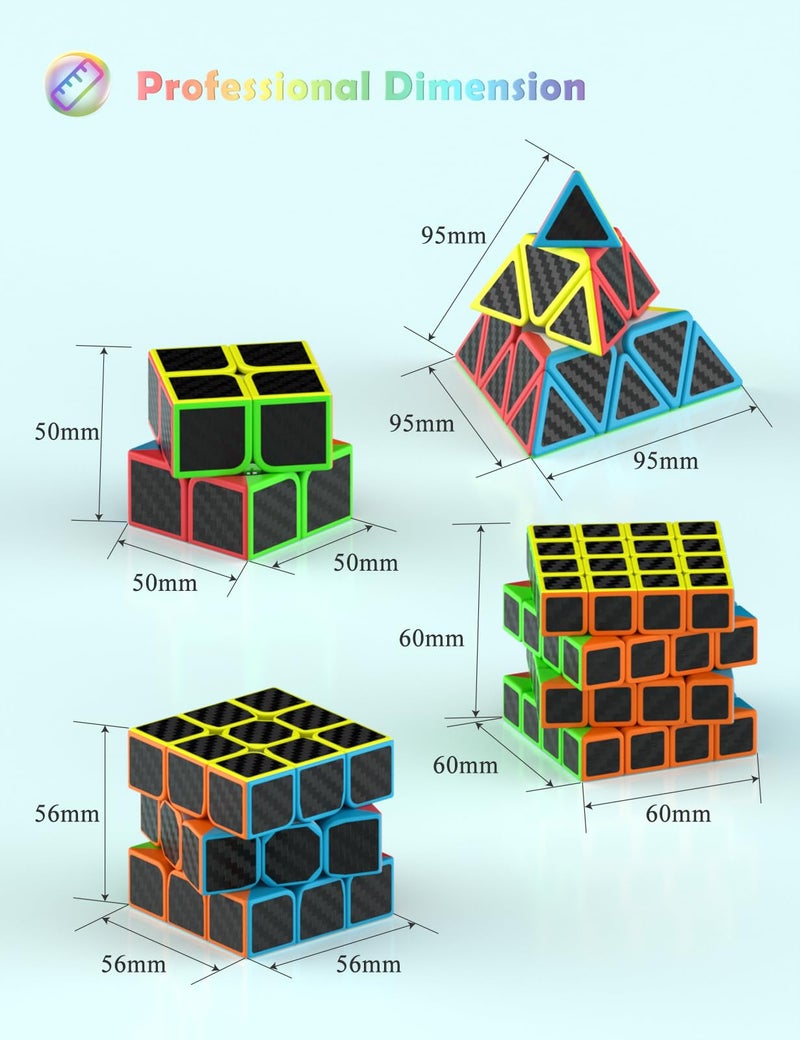 ROXENDA Magic Cube Set - 2 x 2 3 x 3 4 x 4 Pyramid Speed Cube Set with Cube Tutorial for Children and Adults, [Pack of 4] (Carbon Fibre) - Image 2
