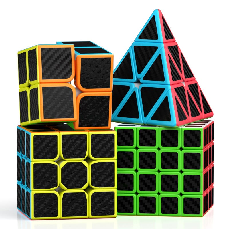 ROXENDA Magic Cube Set - 2 x 2 3 x 3 4 x 4 Pyramid Speed Cube Set with Cube Tutorial for Children and Adults, [Pack of 4] (Carbon Fibre) - Image 1