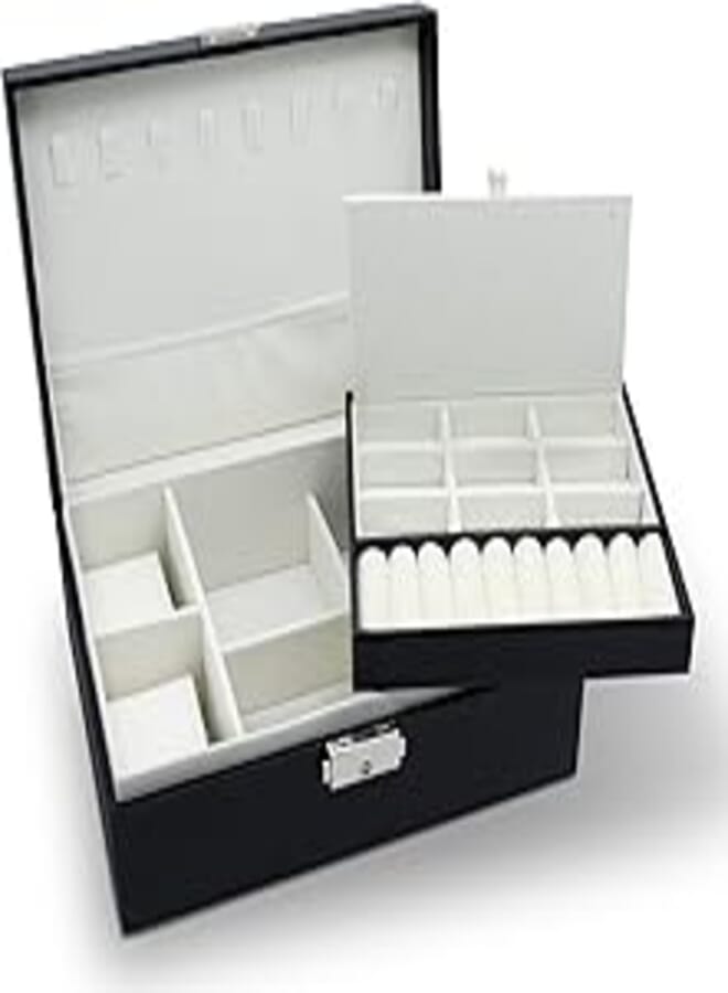 Golivn Jewelry box, pu leather earring clip organizer large jewelry storage with removable divider for necklace earrings bracelets rings and watches(black-double-layer) 