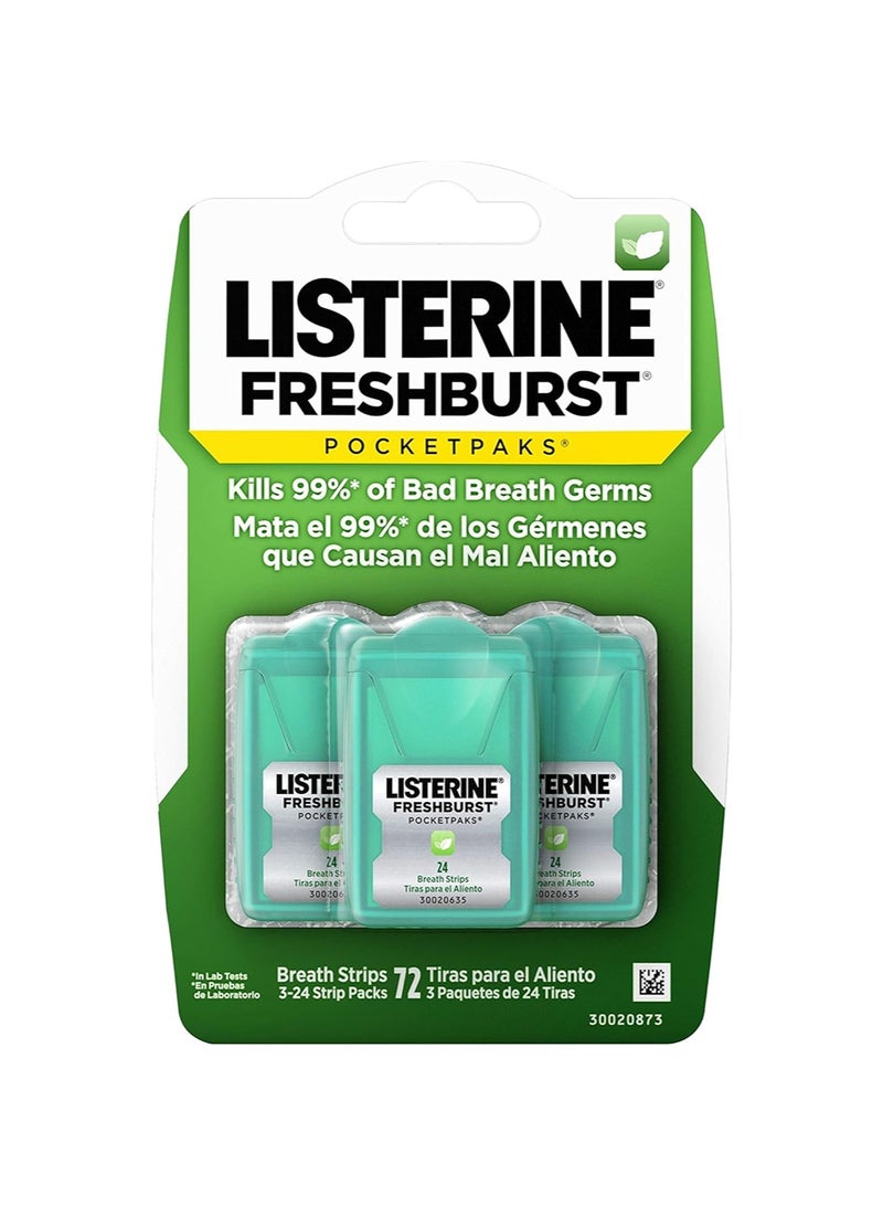 Listerine Freshburst Pocketpaks Fresh Breath Strips, Mint Breath Refresher Strips to Kill most of Bad Breath Germs, Portable Pack, Freshburst Spearmint Flavor, 3 Pack, 24 Strip - Image 1