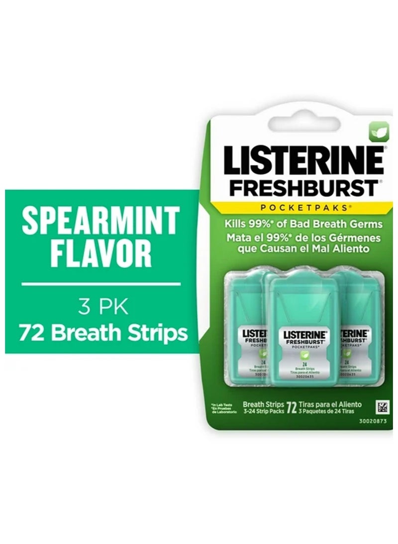 Listerine Freshburst Pocketpaks Fresh Breath Strips, Mint Breath Refresher Strips to Kill most of Bad Breath Germs, Portable Pack, Freshburst Spearmint Flavor, 3 Pack, 24 Strip - Image 3