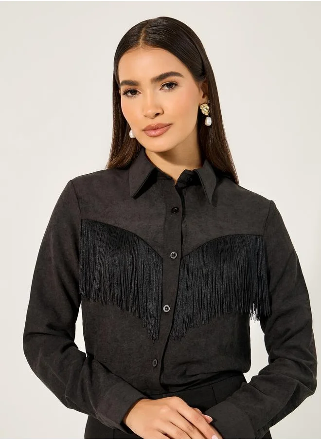 Styli Suede Look Spread Collar Shirt with Fringes Detail