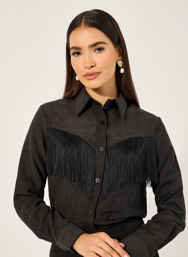 Styli Suede Look Spread Collar Shirt with Fringes Detail  - Image 1