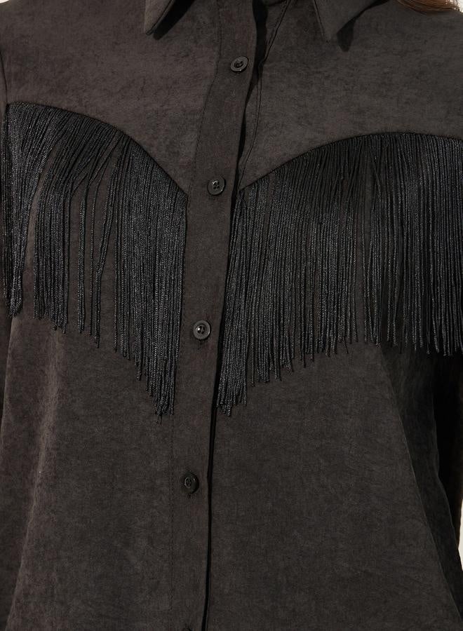 Styli Suede Look Spread Collar Shirt with Fringes Detail  - Image 5