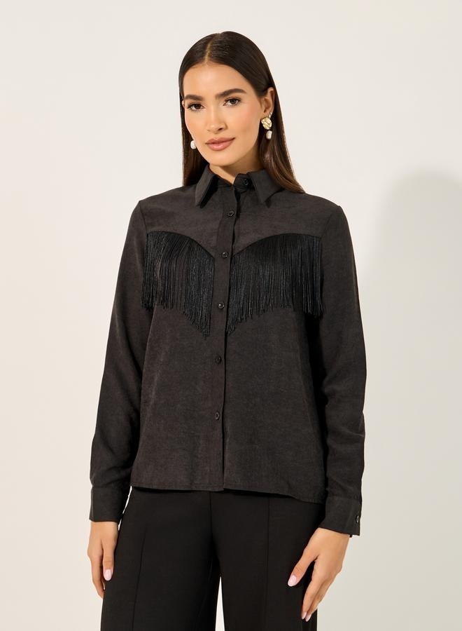 Styli Suede Look Spread Collar Shirt with Fringes Detail  - Image 3