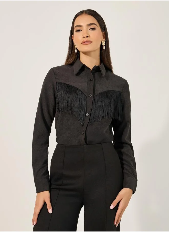 ستايلي Suede Look Spread Collar Shirt with Fringes Detail