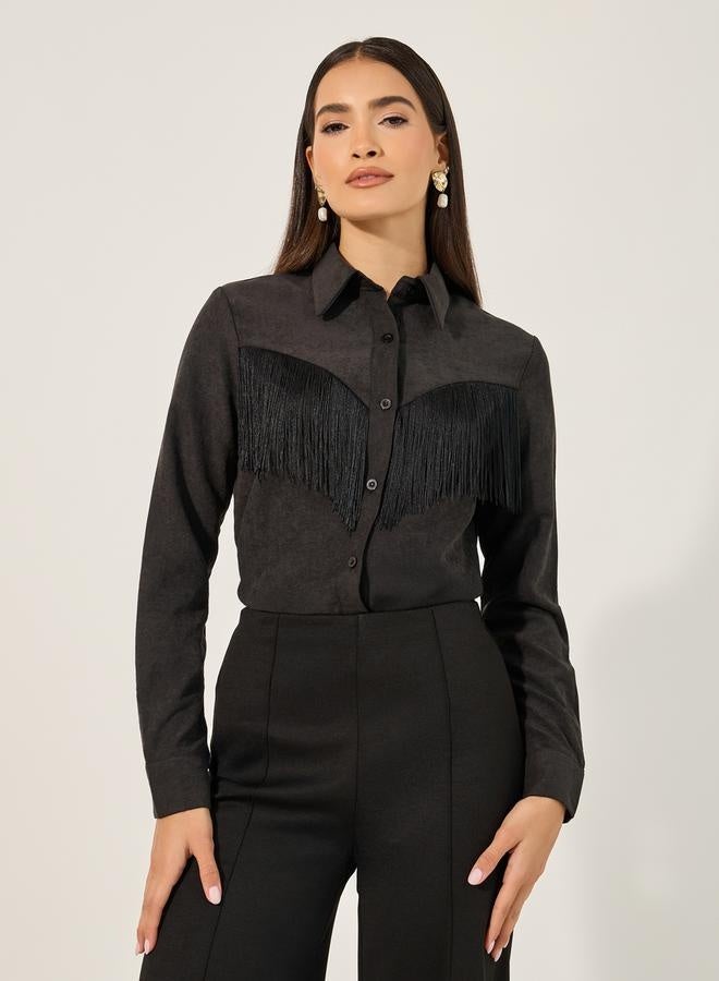 Styli Suede Look Spread Collar Shirt with Fringes Detail  - Image 2