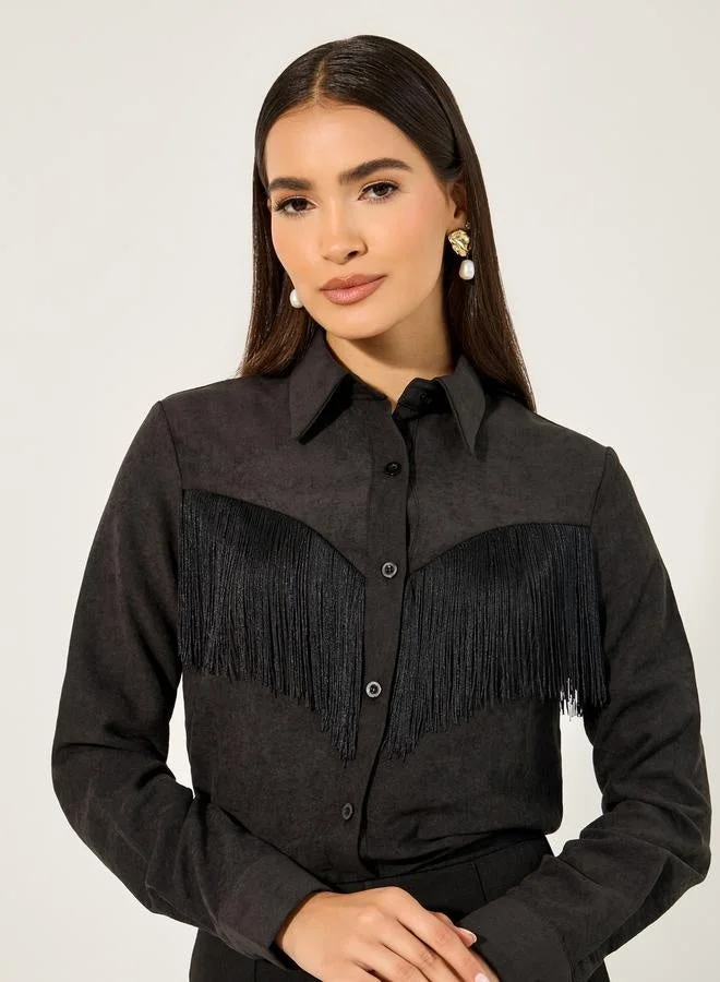 Styli Styli Suede Look Spread Collar Shirt with Fringes Detail