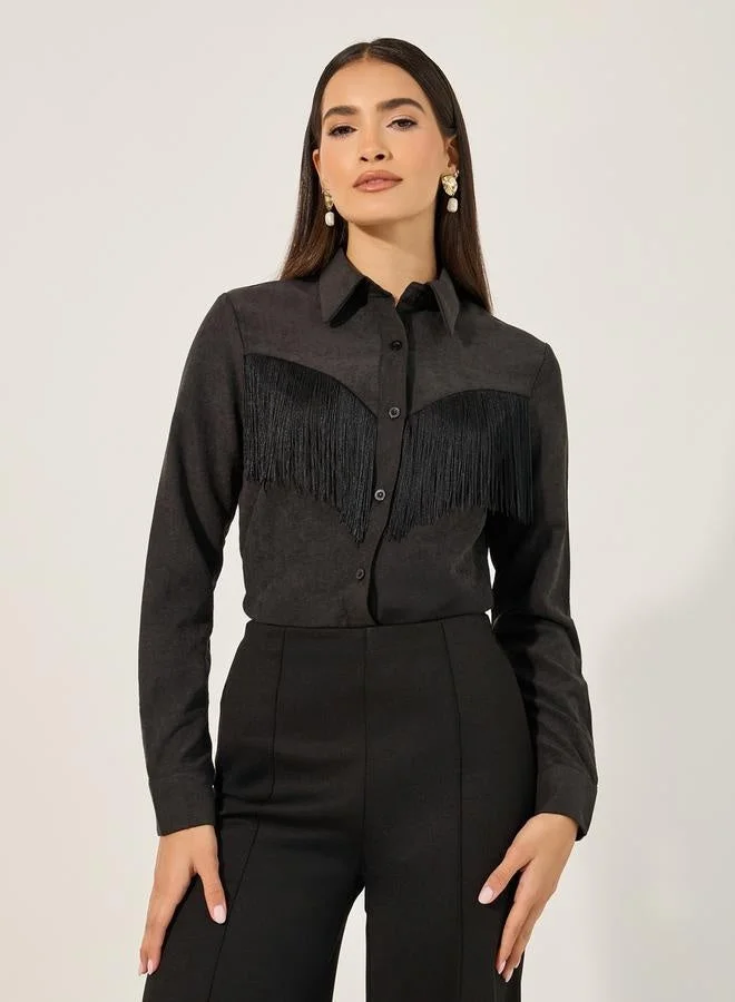 Styli Styli Suede Look Spread Collar Shirt with Fringes Detail